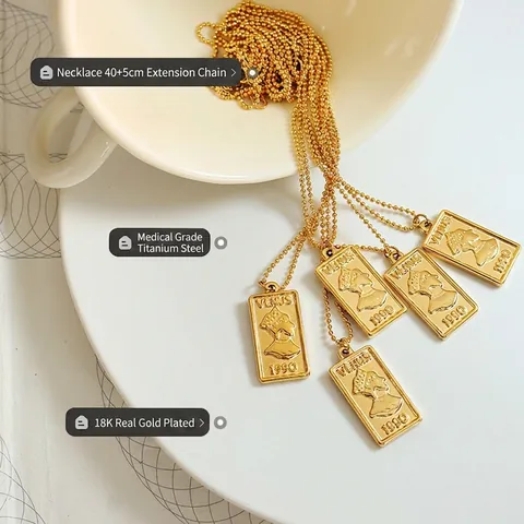 Retro Venus Porträt Rechteckige Anhänger Halskette Titanstahl 18K Vergoldet Feine Perlenkette Schmuck Für Damen