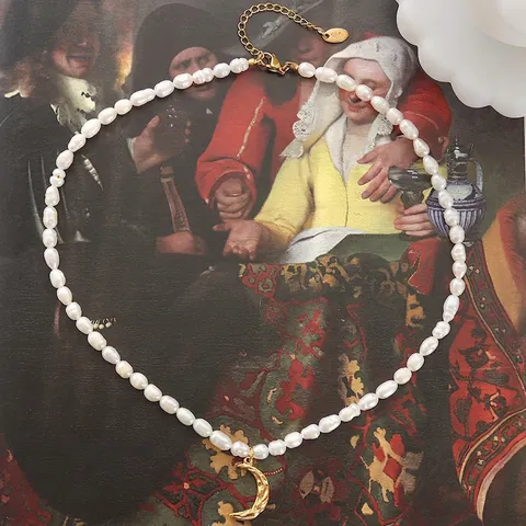 Französische Vintage 18K Vergoldet Titanstahl Süßwasserperle Mond Anhänger Halskette Elegante Schmuck Für Damen