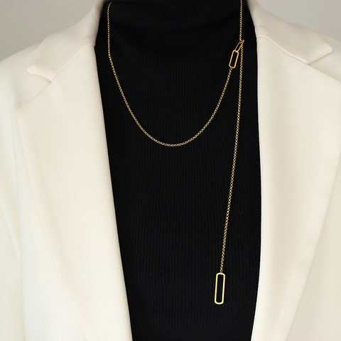 Minimalist Long Sweater Chain Necklace Titanium Steel 18K Gold Plated Geometric Rectangular Pendant Adjustable Y Shaped For Women