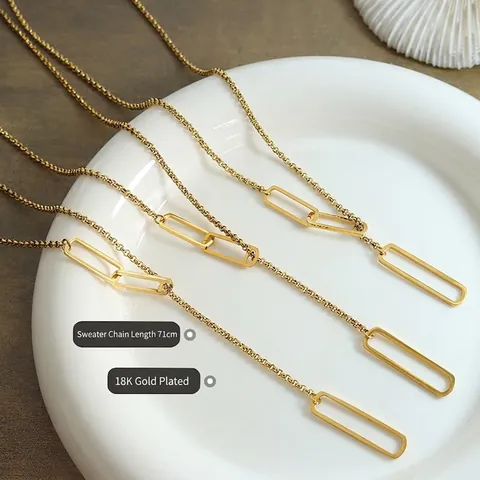 Minimalist Long Sweater Chain Necklace Titanium Steel 18K Gold Plated Geometric Rectangular Pendant Adjustable Y Shaped For Women