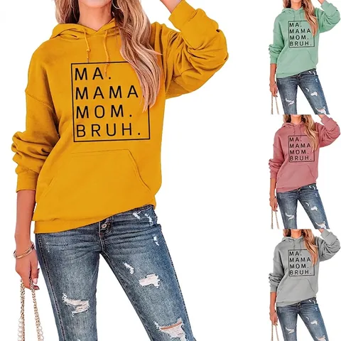 Women's Casual Loose Letter Print Hoodie Combed Cotton Blend Long Sleeve Pullover Sweatshirt With Kangaroo Pocket