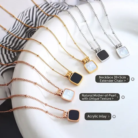 Minimalistische Vierkante Hanger Ketting Roestvrij Staal 18K Verguld Kralenketting Iriserende Schelp Acryl Voor Dames