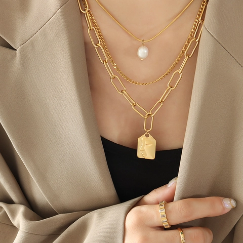 Vintage Titanium Steel Multi Layer Layered Necklace For Women Gold Silver Plated Face Pendant Freshwater Pearl Chain Necklace