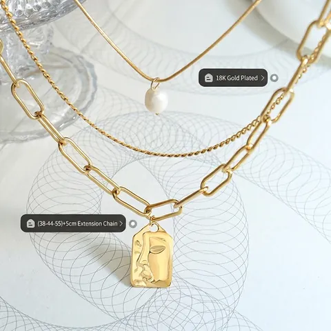 Vintage Titanium Steel Multi Layer Layered Necklace For Women Gold Silver Plated Face Pendant Freshwater Pearl Chain Necklace