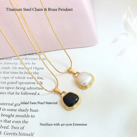 Square Pendant Necklace Titanium Steel Snake Bone Chain Brass Pendant With Black Enamel Or Imitation Artificial Pearl For Women