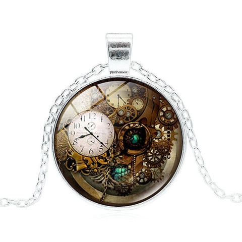 Steampunk Mechanical Gear Clock Pendant Necklace Vintage Zinc Alloy Glass Cabochon Jewelry For Men And Women Retro Style Accessory