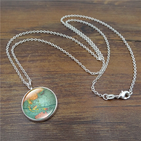 Vintage World Map Jewelry Set For Women Silver Plated Alloy Glass Cabochon Necklace Bracelet Stud Earrings Retro Geography Jewelry