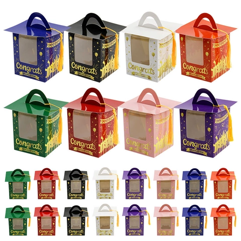 Graduation Party Favor Boxes Doctor Hat Shape Gift Box With Tassel And Window Congrats Graduation Candy Treats Package Cardboard Case
