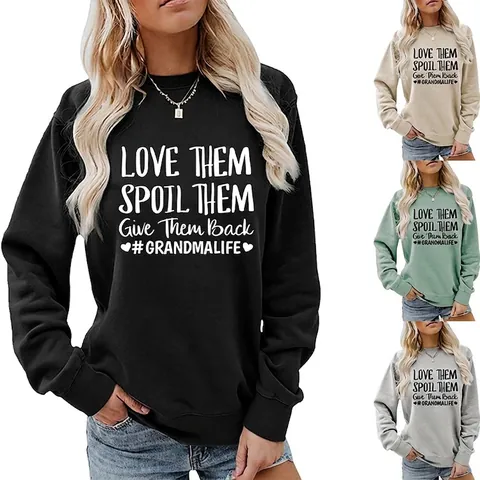 Sudadera Mujer Cuello Redondo Mezcla De Algodón Manga Larga Casual Pullover Suelto Love Them Spoil Them Slogan Print