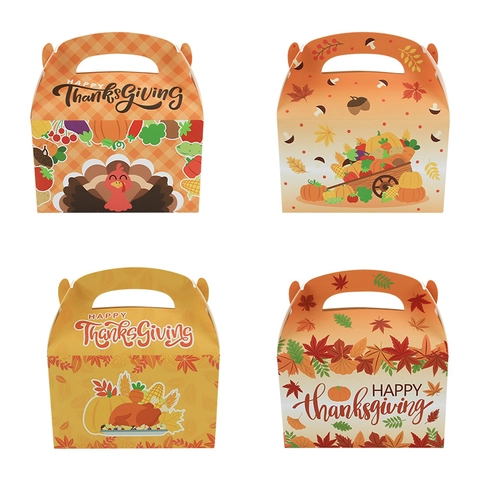 Thanksgiving Gable Gift Boxes Paper Handle Turkey Pumpkin Autumn Harvest Party Favor Candy Cookie Packaging Foldable
