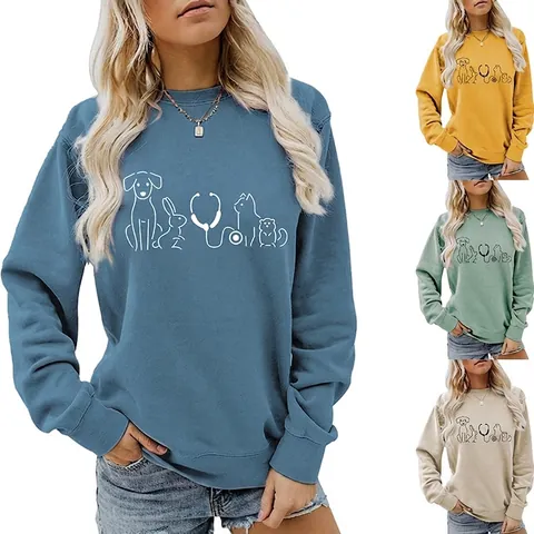 Women Crew Neck Sweatshirt Long Sleeve Cotton Blend Loose Fit Casual Pullover Veterinary Animal Stethoscope Print Top