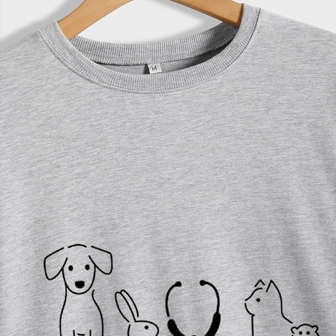 Women Crew Neck Sweatshirt Long Sleeve Cotton Blend Loose Fit Casual Pullover Veterinary Animal Stethoscope Print Top