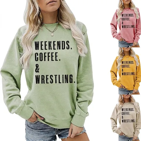 Sudadera de Mujer Casual en Mezcla de Algodón Cuello Redondo Manga Larga Con Estampado Letras Weekends Coffee Wrestling Top
