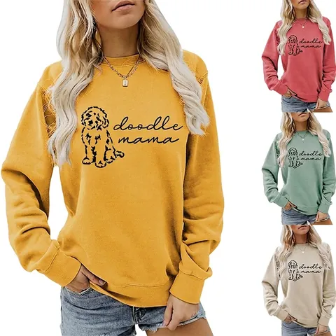 Doodle Mama Hunde Liebhaber Sweatshirt Rundhalsausschnitt Langarm Pullover Locker Baumwollmischung Lässig Grafik Druck Damen