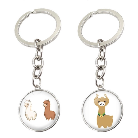 Portachiavi Cartone Animato Alpaca Lega Di Zinco Vetro Gemma Del Tempo Pendente Rotondo Anello Chiave Accessori Zaino Regalo Stile Carino