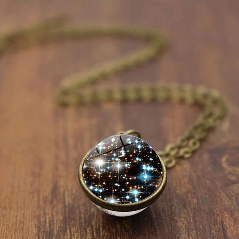 Collier Pendentif Univers Galaxie Nébuleuse Vintage Double Face Boule De Verre Alliage De Zinc Chaîne De Pull Unisexe