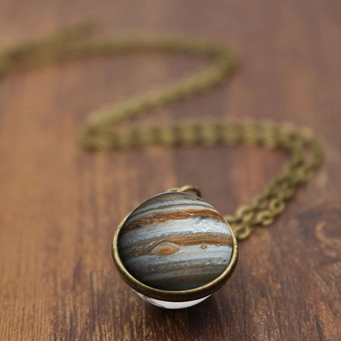 Jupiter Planet Pendant Necklace Double Sided Glass Ball Zinc Alloy Retro Solar System Space Jewelry For Women Men
