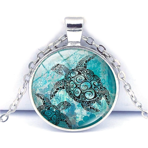 Retro Zinc Alloy Glass Cabochon Time Gem Necklace Sea Turtle Dolphin Starfish Dandelion Pattern Pendant Necklace For Women Men Unisex Jewelry