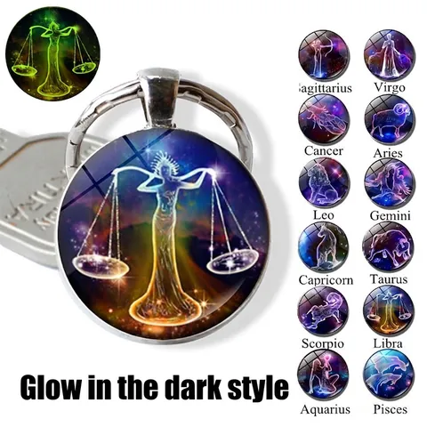 Leuchtender 12 Tierkreiszeichen Sternzeichen Schlüsselanhänger Zinklegierung Glas Zeitstein Glow In The Dark Galaxie Anhänger