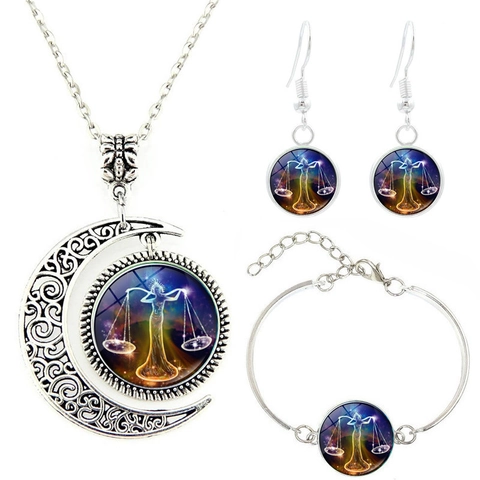 Twaalf Sterrenbeeld Constellatie Sieraden Legering Glas Maan Ketting Armband Haak Oorbellen Melkweg Nevel Astrologie Accessoire