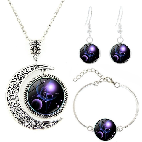 Gioielli Costellazione Zodiacale Collana Bracciale Orecchini Lega Vetro Cabochon Luna Crescente Vintage Fantasy Per Donna