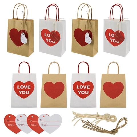 Valentine's Day Gift Paper Bags Kraft Paper With Handles Red Heart Pattern And Heart Tags For Wedding Romantic Packaging