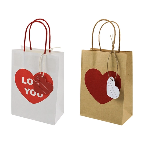 Valentine's Day Gift Paper Bags Kraft Paper With Handles Red Heart Pattern And Heart Tags For Wedding Romantic Packaging