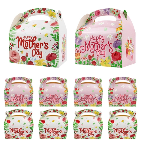 Handheld Happy Mother's Day Gift Boxes White Cardboard Floral Pattern Paper Boxes For Candy Treats Mothers Day Celebration