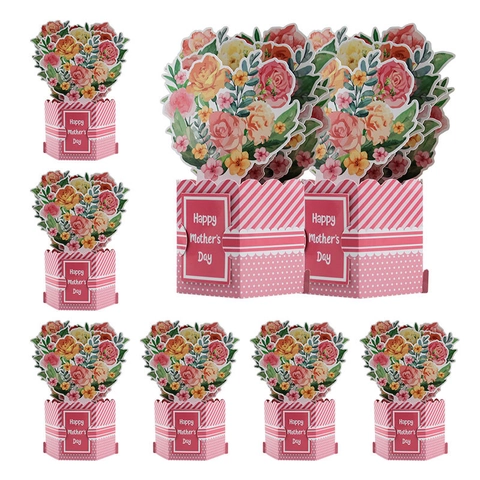 Biglietto d'Auguri 3D Pop-Up per la Festa della Mamma Design a Mazzo di Fiori Cartoncino Rosa Con Busta Regalo Donna