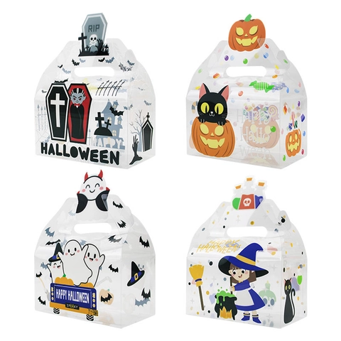 Halloween Transparent PVC Papier Geschenkboxen Mit Griff Cartoon Kürbis Geist Muster Süßigkeiten Verpackungsboxen Für Party