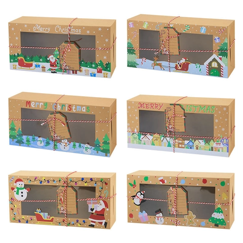 Merry Christmas Kraft Paper Gift Box With PVC Clear Window Santa Claus Snowman Reindeer Pattern Cookie Candy Packaging Boxes With Tags And Strings