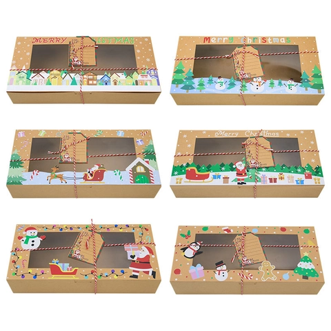 Merry Christmas Kraft Paper Gift Box With PVC Clear Window Santa Claus Snowman Reindeer Pattern Cookie Candy Packaging Boxes With Tags And Strings