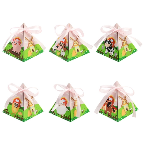 Scatole Regalo Per Caramelle Piramide Cartone Tema Animali Della Fattoria Bomboniere Con Nastri Sacchetti Di Dolcetti Pieghevoli DIY