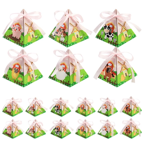Scatole Regalo Per Caramelle Piramide Cartone Tema Animali Della Fattoria Bomboniere Con Nastri Sacchetti Di Dolcetti Pieghevoli DIY