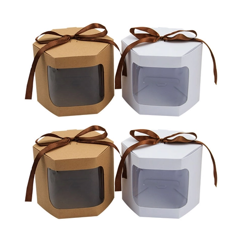 Hexagon Kraft Paper Gift Box With PVC Window Satin Bow Tie Foldable Creative Candy Favor Box For Wedding Birthday Party Packaging