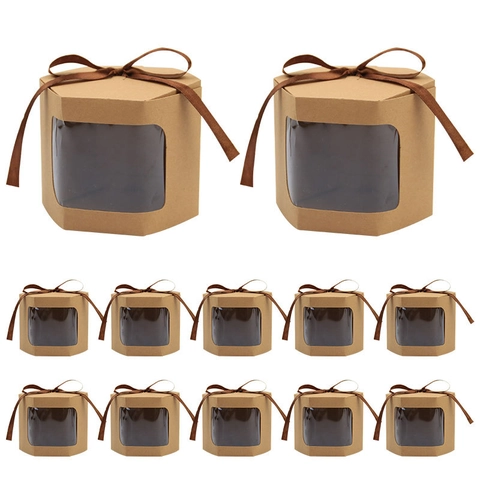 Hexagon Kraft Paper Gift Box With PVC Window Satin Bow Tie Foldable Creative Candy Favor Box For Wedding Birthday Party Packaging