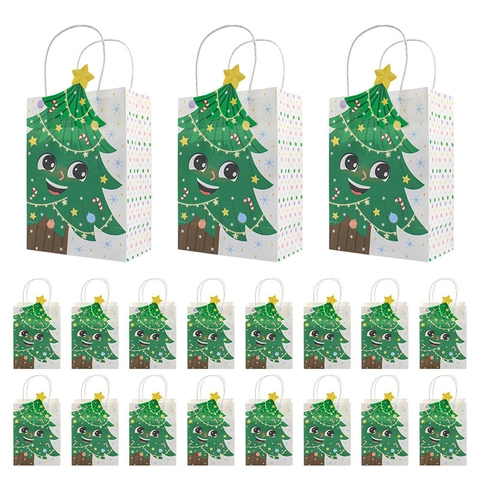 Christmas Kraft Paper Gift Bags With Handles Cartoon Santa Claus Snowman Reindeer Nutcracker Elf Print Party Favor Bags