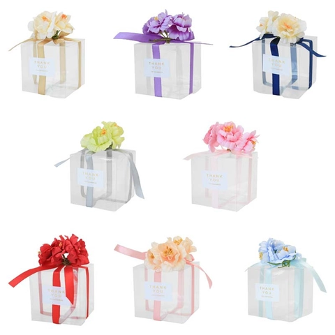 Clear PET Transparent Square Cake Box With Satin Ribbon Artificial Flower Decor Thank You Sticker For Wedding Party Gift Box