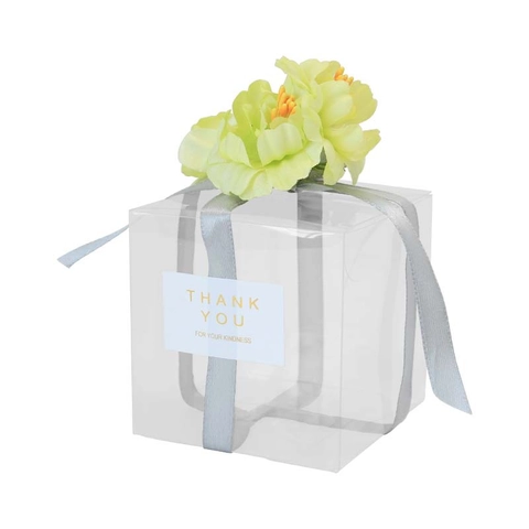 Transparante PET Vierkante Cadeaudoos Met Satijnen Lint En Kunstbloemen Voor Bruiloft Feest Bedankt Verpakking Cadeaudoos