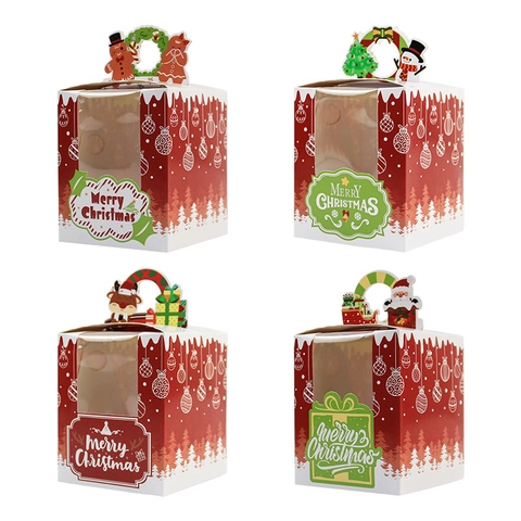 Boîtes Cadeaux Pour Muffins De Noël Avec Fenêtre Transparente Et Poignée Carton Emballage De Biscuits De Fête Père Noël Renne Bonhomme