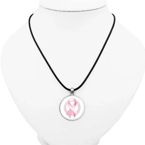 Breast Cancer Awareness Pink Ribbon Round Glass Pendant Necklace Zinc Alloy PU Leather Cord Hope Fighter Charity Jewelry