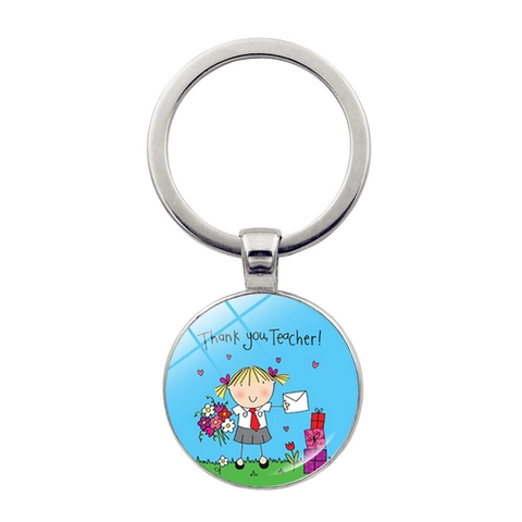 Thank You Teacher Keychain Zinc Alloy Glass Cabochon Pendant Teacher Appreciation Gift Women Men Cartoon Jewelry Keyring