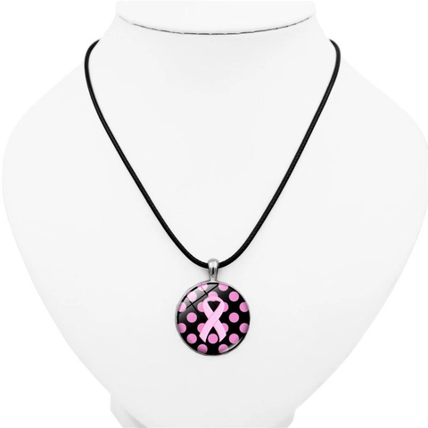 Breast Cancer Awareness Pink Ribbon Necklace Zinc Alloy Glass Cabochon Pendant With Black Leather Cord Charity Women Jewelry