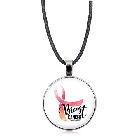 Breast Cancer Awareness Pink Ribbon Round Glass Pendant Necklace Zinc Alloy PU Leather Cord Hope Fighter Charity Jewelry