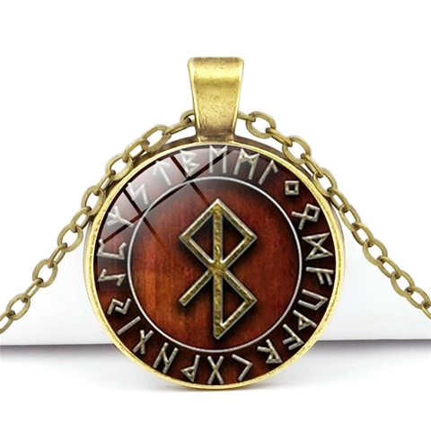Viking Compass Vegvisir Rune Pendant Necklace Vintage Zinc Alloy Glass Cabochon Bronze Chain Ethnic Jewelry For Men Women Gift