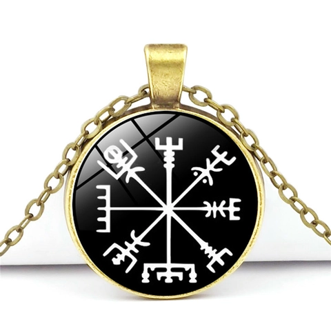 Viking Compass Vegvisir Rune Pendant Necklace Vintage Zinc Alloy Glass Cabochon Bronze Chain Ethnic Jewelry For Men Women Gift
