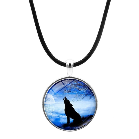 Howling Wolf Moon Pendant Necklace With Zinc Alloy Glass Cabochon And Black PU Leather Cord Vintage Jewelry For Women Men