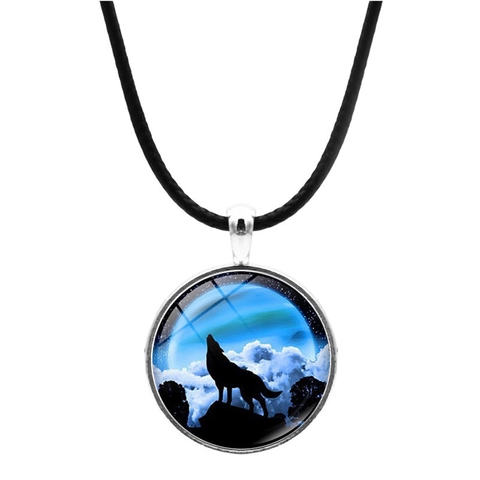 Howling Wolf Moon Pendant Necklace With Zinc Alloy Glass Cabochon And Black PU Leather Cord Vintage Jewelry For Women Men