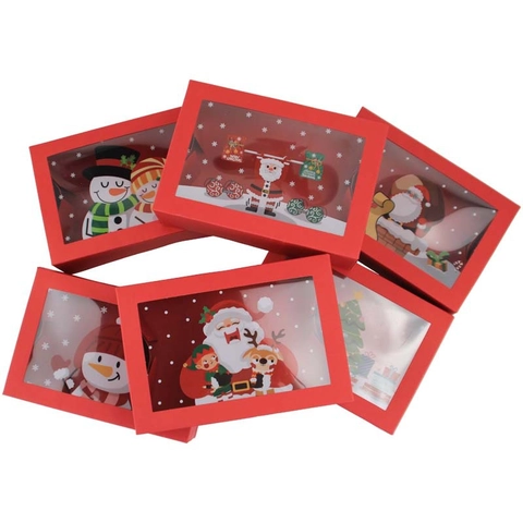 Red Christmas Gift Box With Clear Window Paper Packaging Box Santa Snowman Design Holiday Baking Candy Biscuit Gift Box For Party Decoration