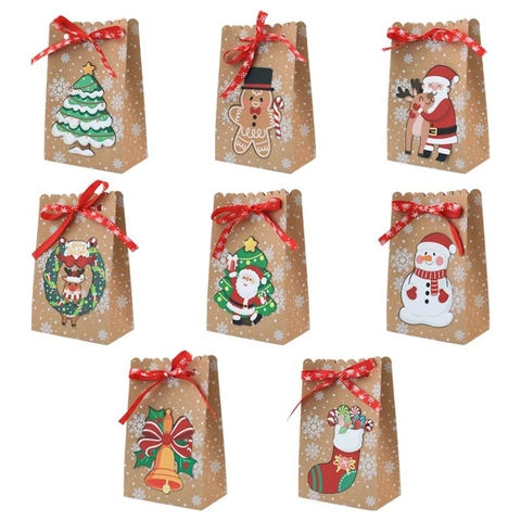 Kerst Kraftpapier Cadeautasjes Met Lint Sneeuwvlokpatroon Cartoon Kerstman Sneeuwpop Rendier Snoep Verpakking Voor Feestdagen